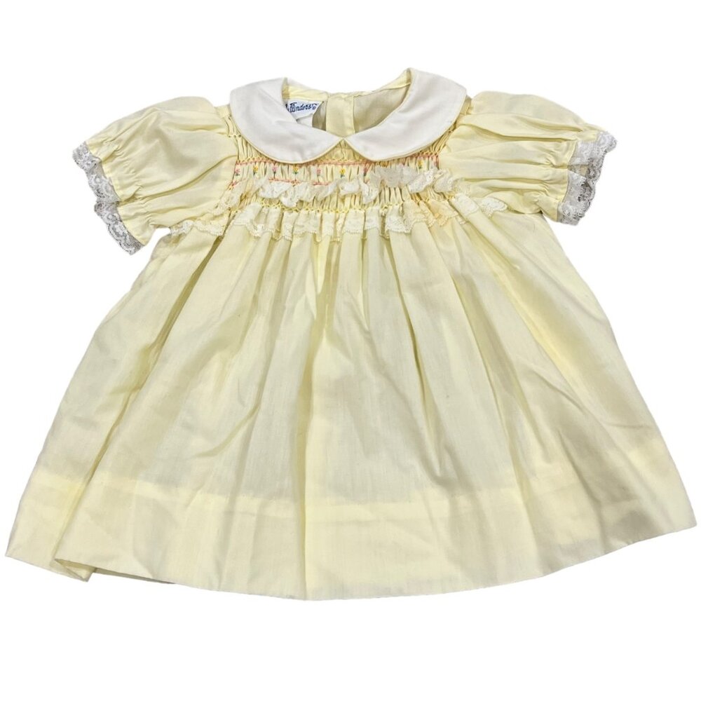 Polly Flinders Vintage Baby Dress Yellow White Lace Trim & Smocking 6-12 Months